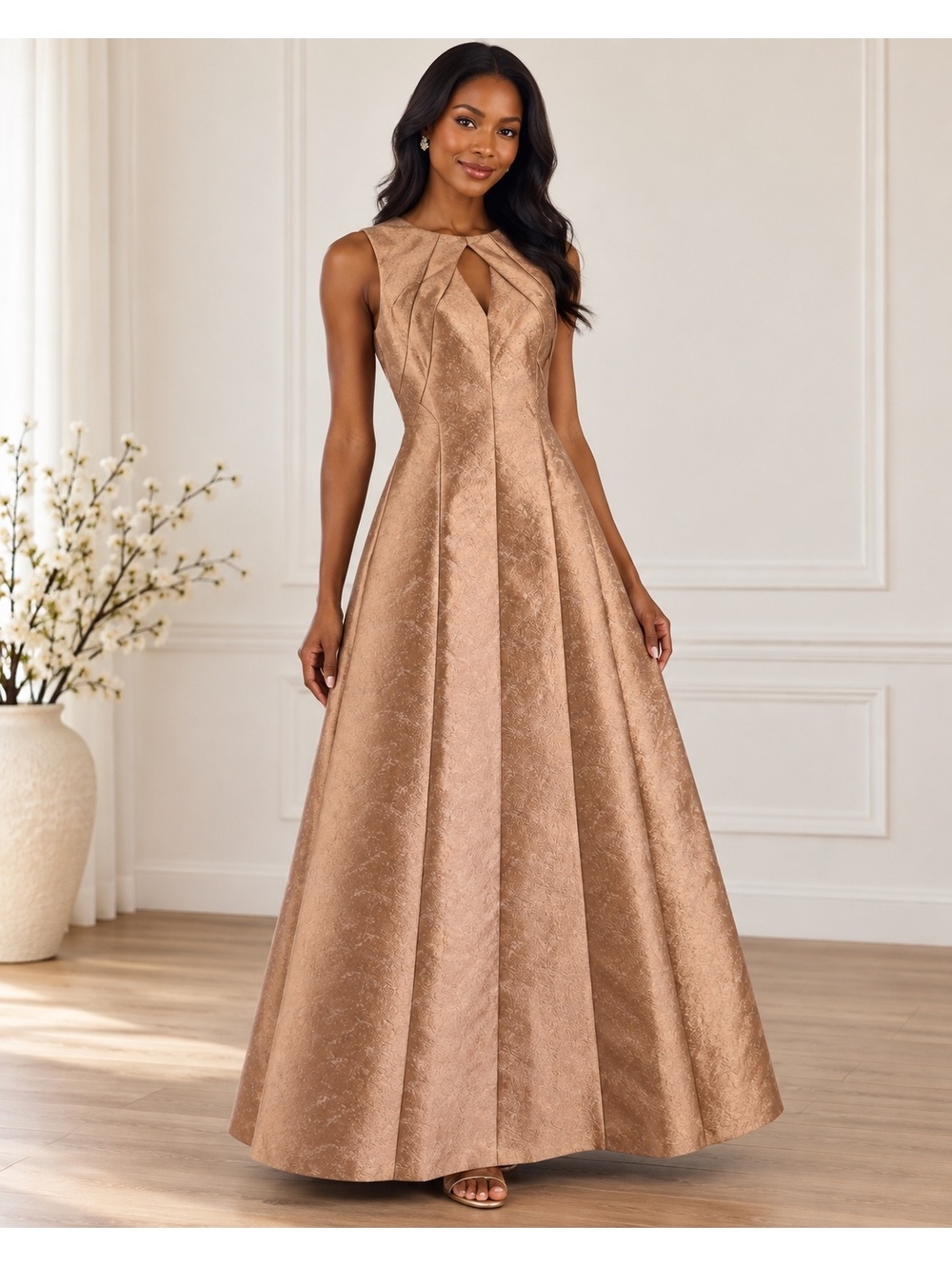 Kay Unger New York Size 4 Gold Metallic Jacquard Evening Gown NWT $418